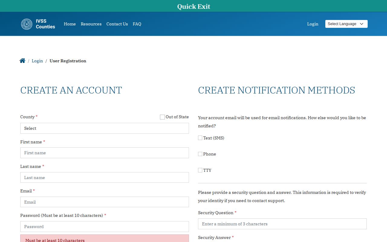 Orange County IVSS-Counties notification account registration screen