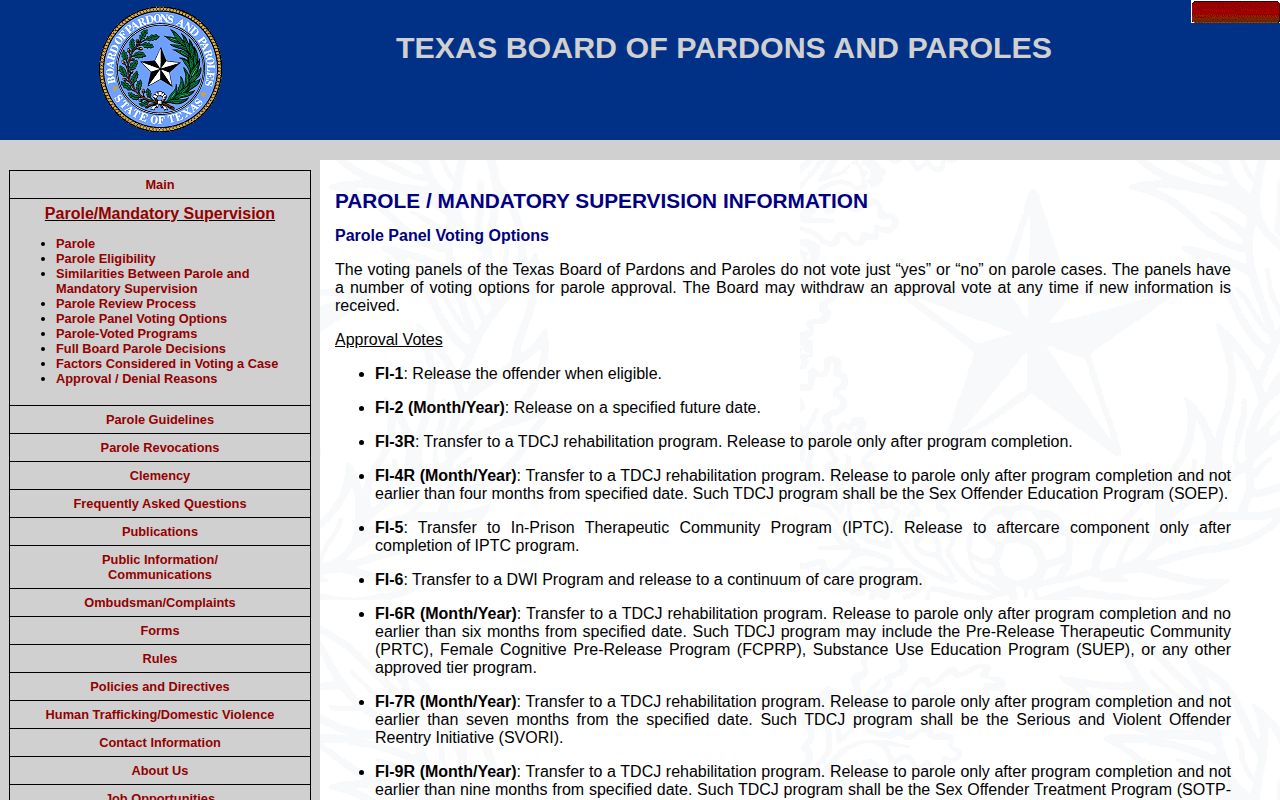 Texas parole decision codes for Orange County post-release records