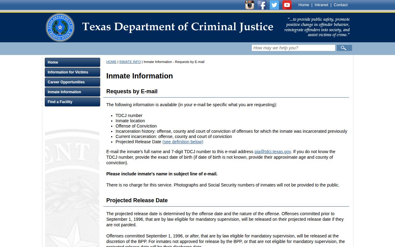 Official TDCJ projected release explanation for Orange County records