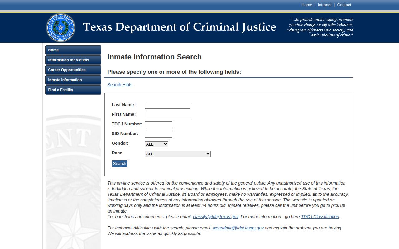 TDCJ search fields for Orange County released state inmates