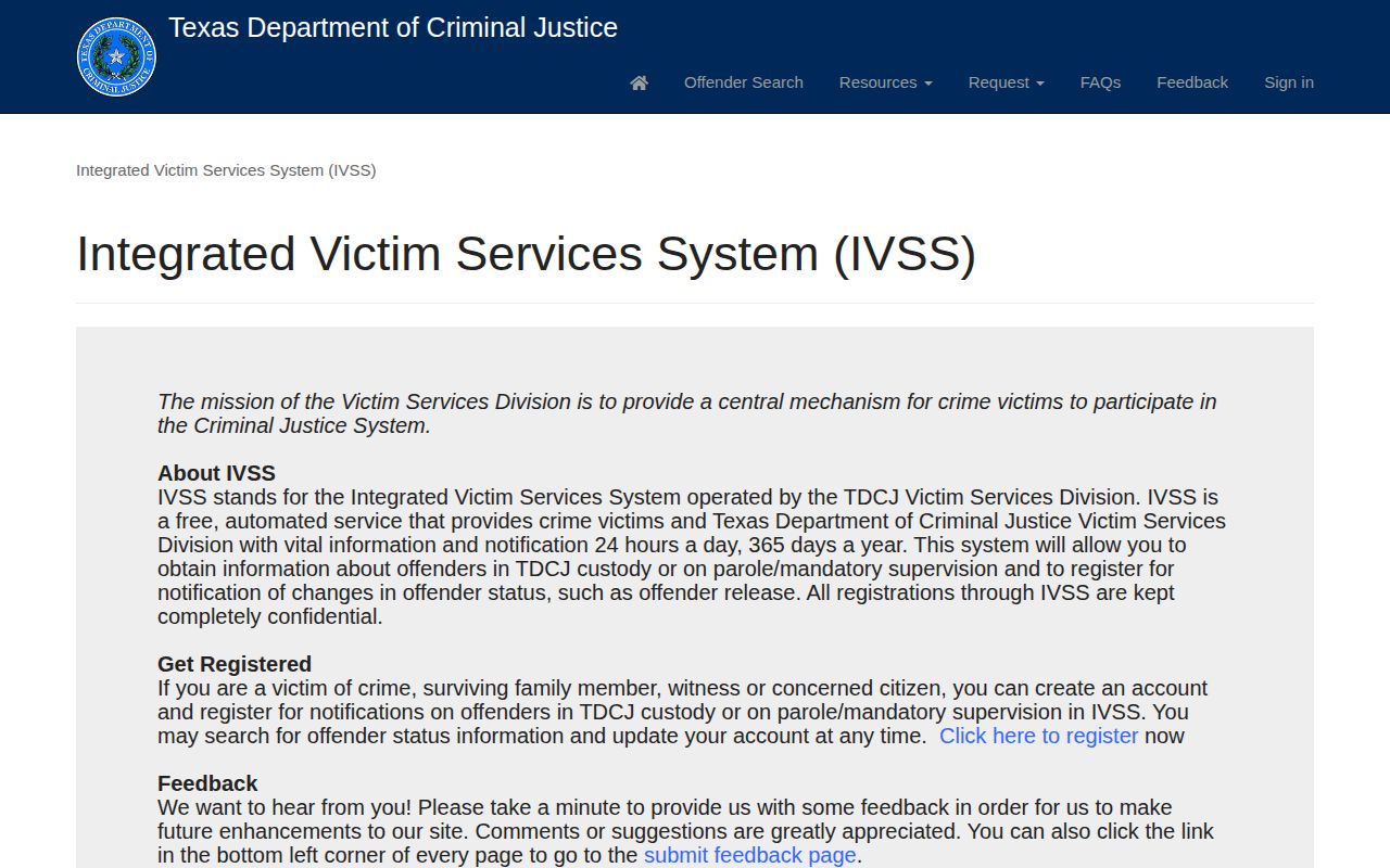 TDCJ IVSS search and registration for Orange County state release events